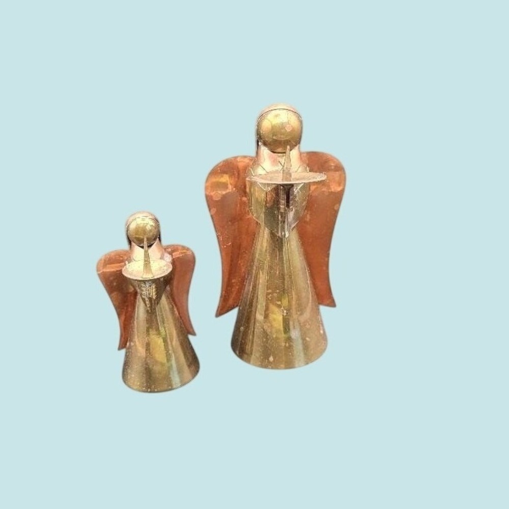 2 Vintage Brass and Copper Angel Candle Holders, Mother‎ Child Christmas Holiday